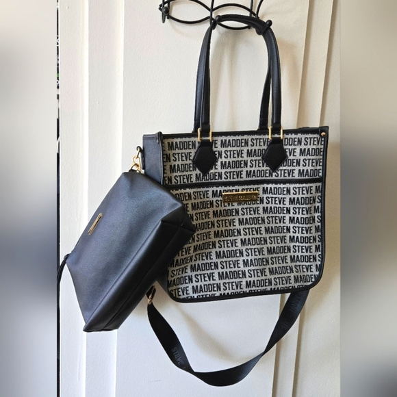 Steve Madden Handbags - Steve Madden Black & Grey, Repeat Logo Shopper Handbag with removable Extra Bag